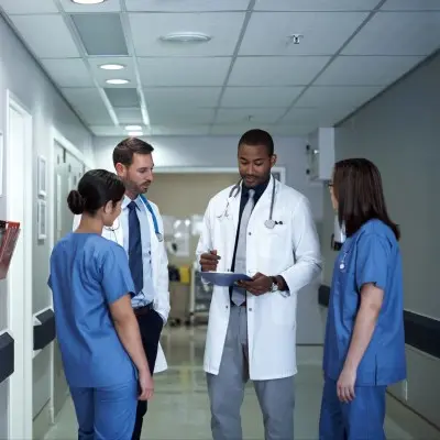 Group of doctors and nurses talking in hallway.