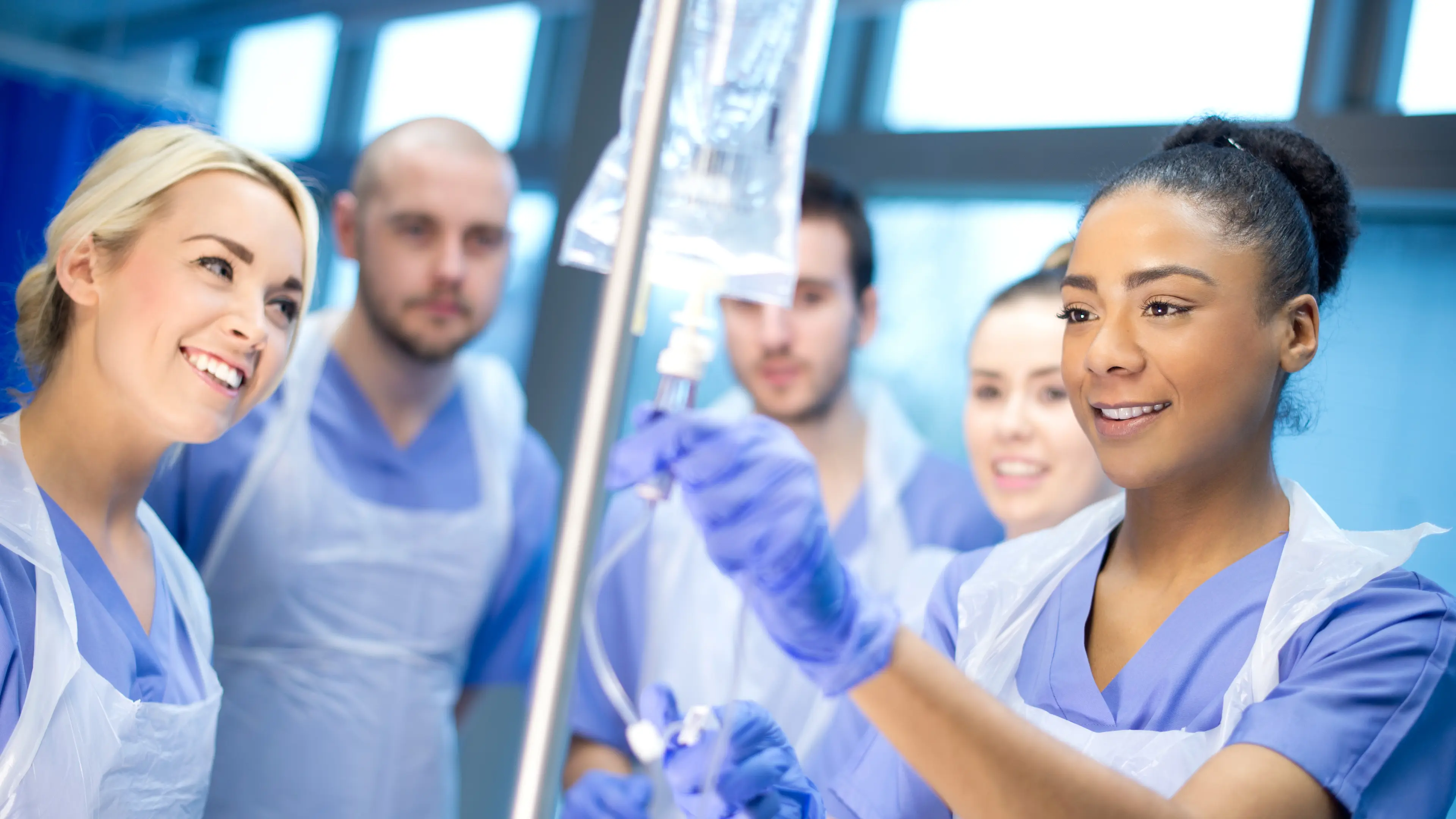 Young student learning in hospital setting.