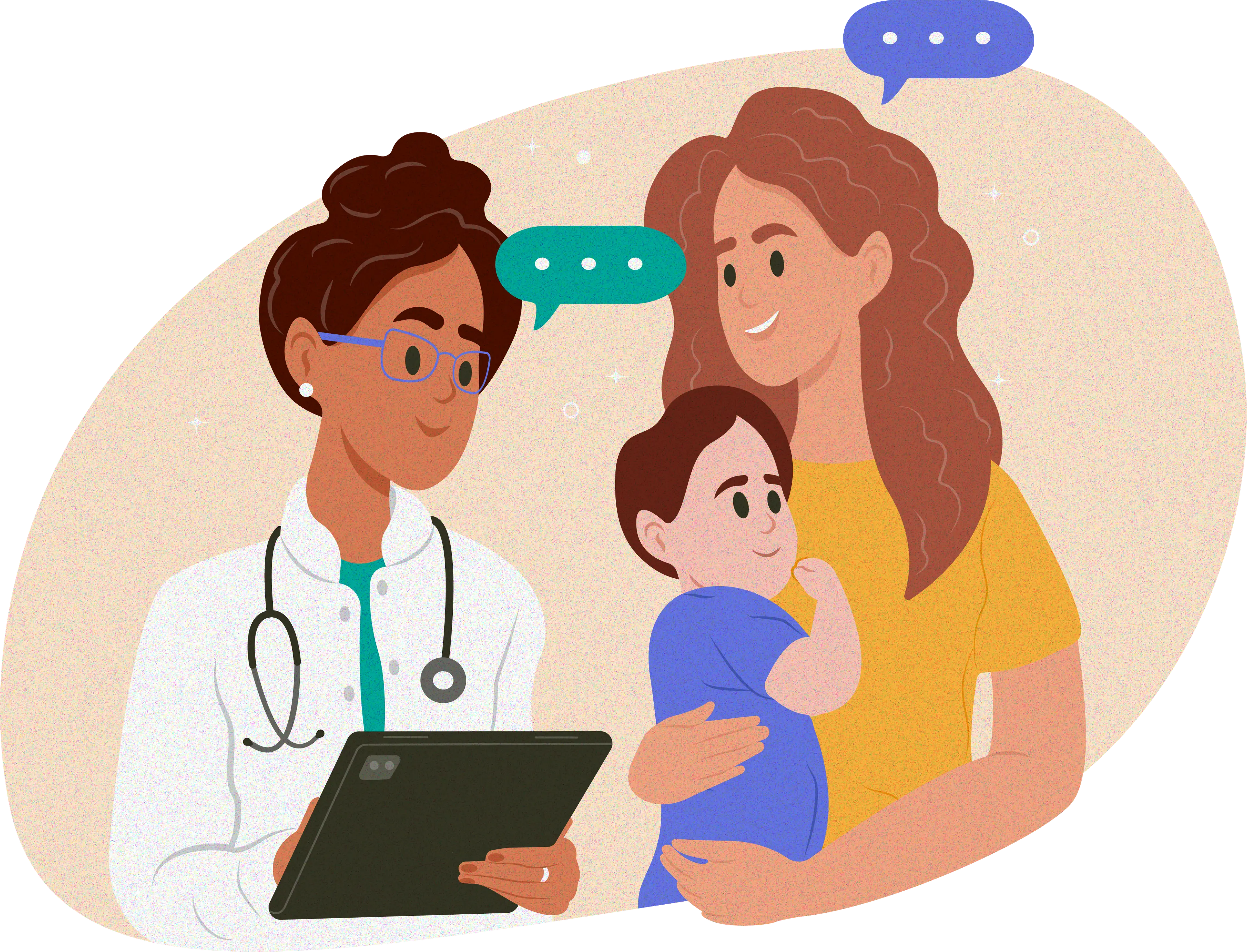 Illustration of a female doctor with a tablet consulting a smiling mother holding a young child, with chat bubbles overhead.