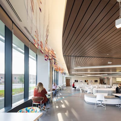 Patients, families and Children's team members enjoying a meal in the Children's Nebraska cafeteria.