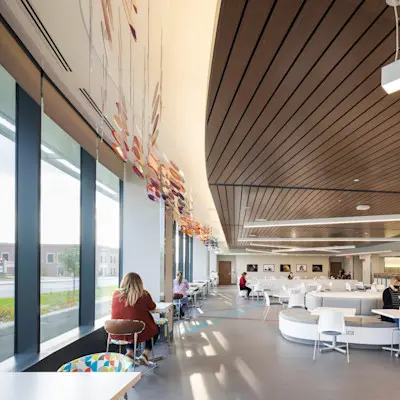 Patients, families and Children's team members enjoying a meal in the Children's Nebraska cafeteria.