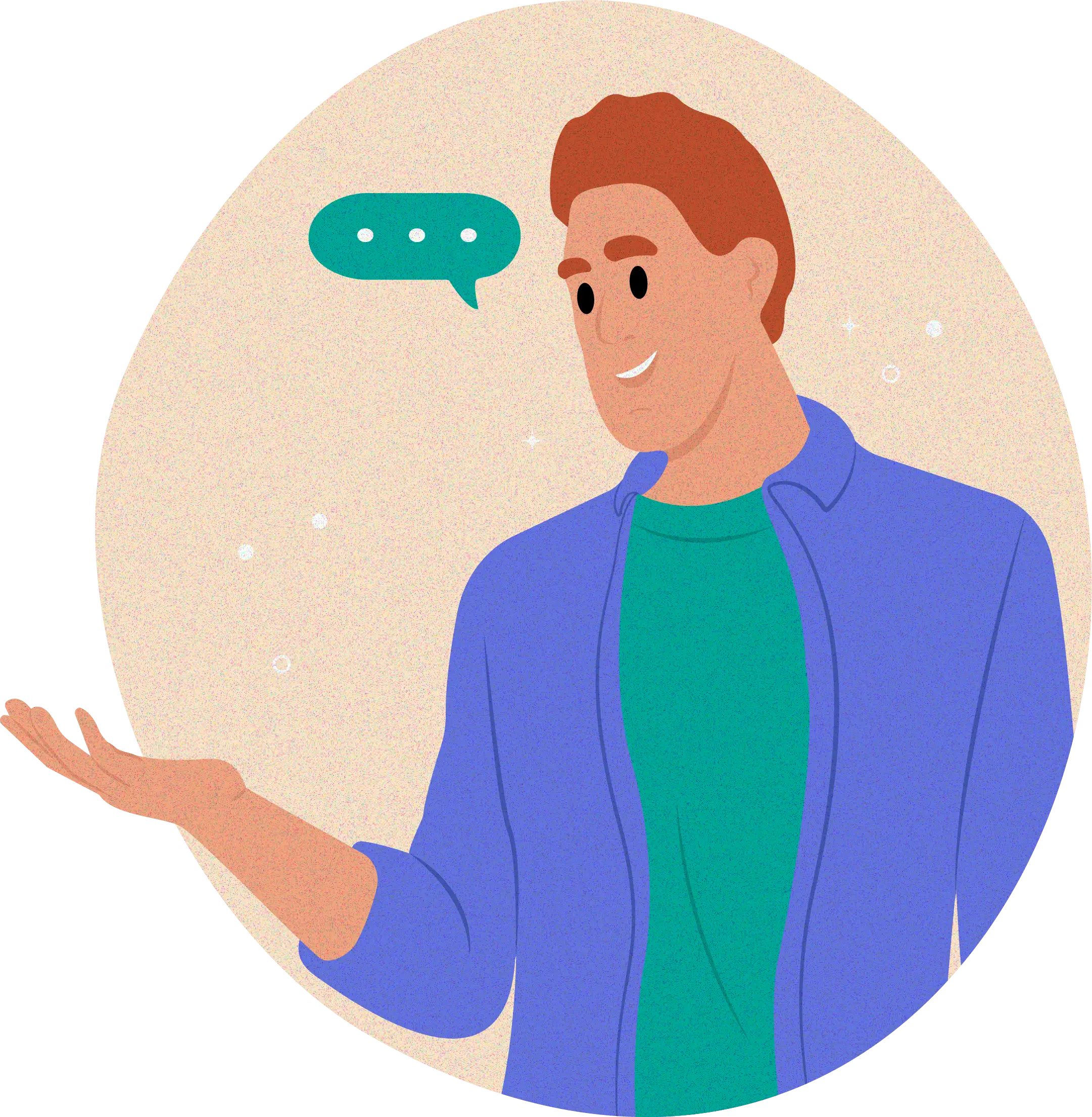 Illustrated man in a blue jacket gesturing with a teal speech bubble above, suggesting conversation or communication.