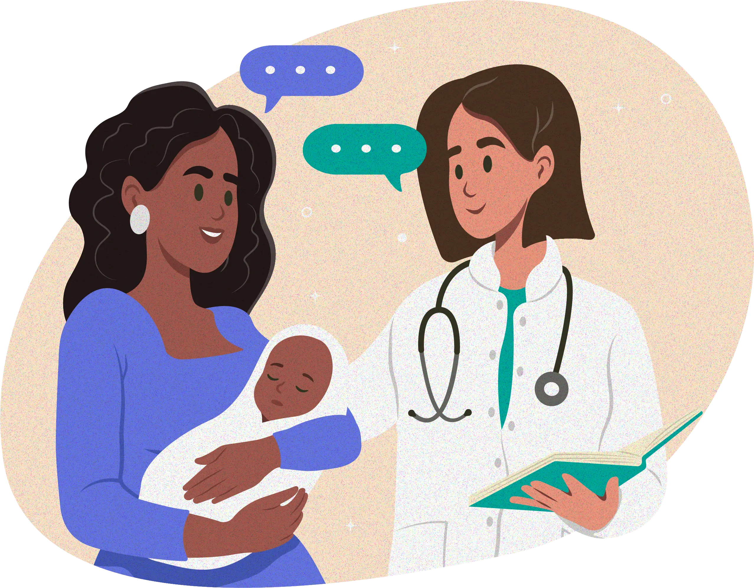 Illustration of a mother holding a newborn baby while conversing with a doctor in a white coat holding a book.
