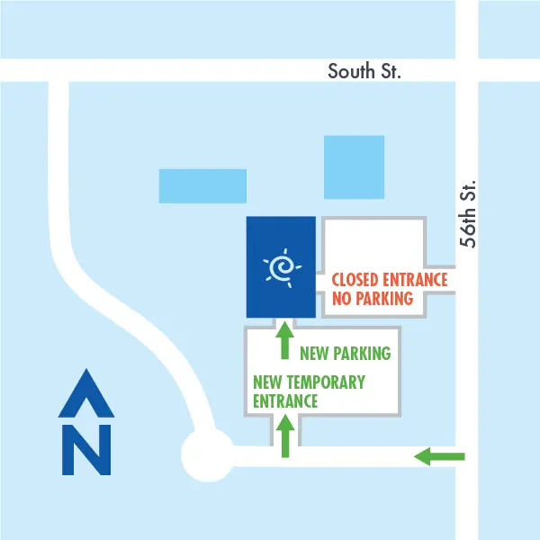 Map showing a closed entrance with no parking on 56th St, and a new temporary entrance with new parking accessible from the south. Park on the south side of the Children's Specialty Clinic building and enter through the lower-level south entrance.