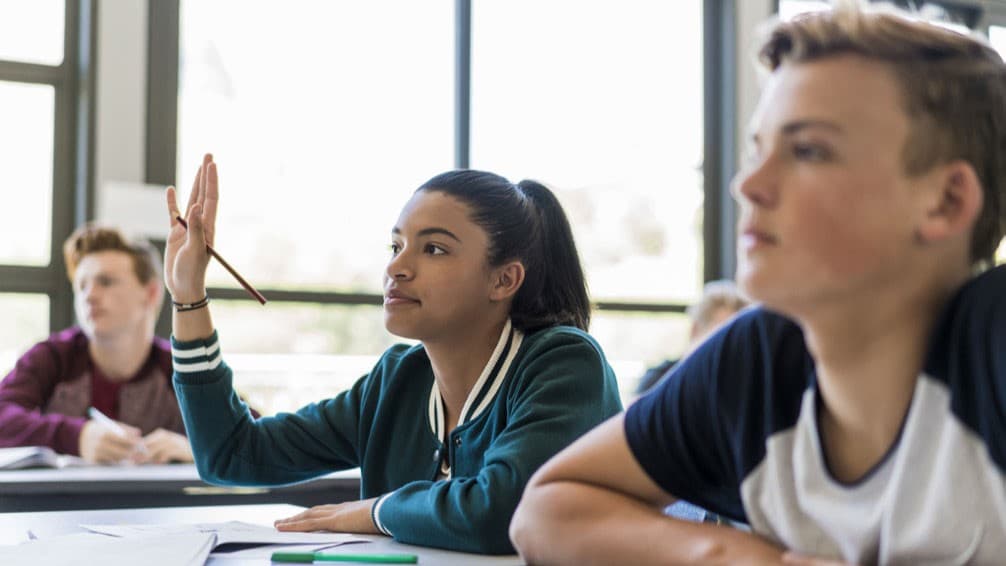 Teen raising hand in school