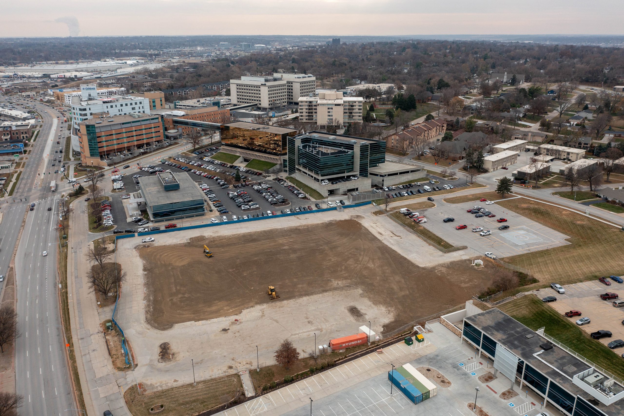 Aerial photo of a construction site on the Children's Nebraska campus
